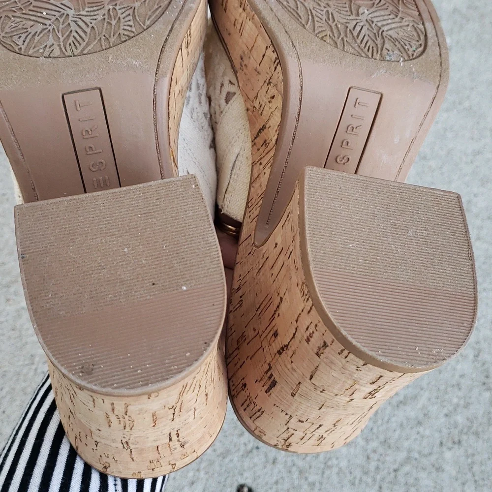 ESPRIT Pheby Floral Embroidered Platform Corks Block Heel Sandals Neutral Boho